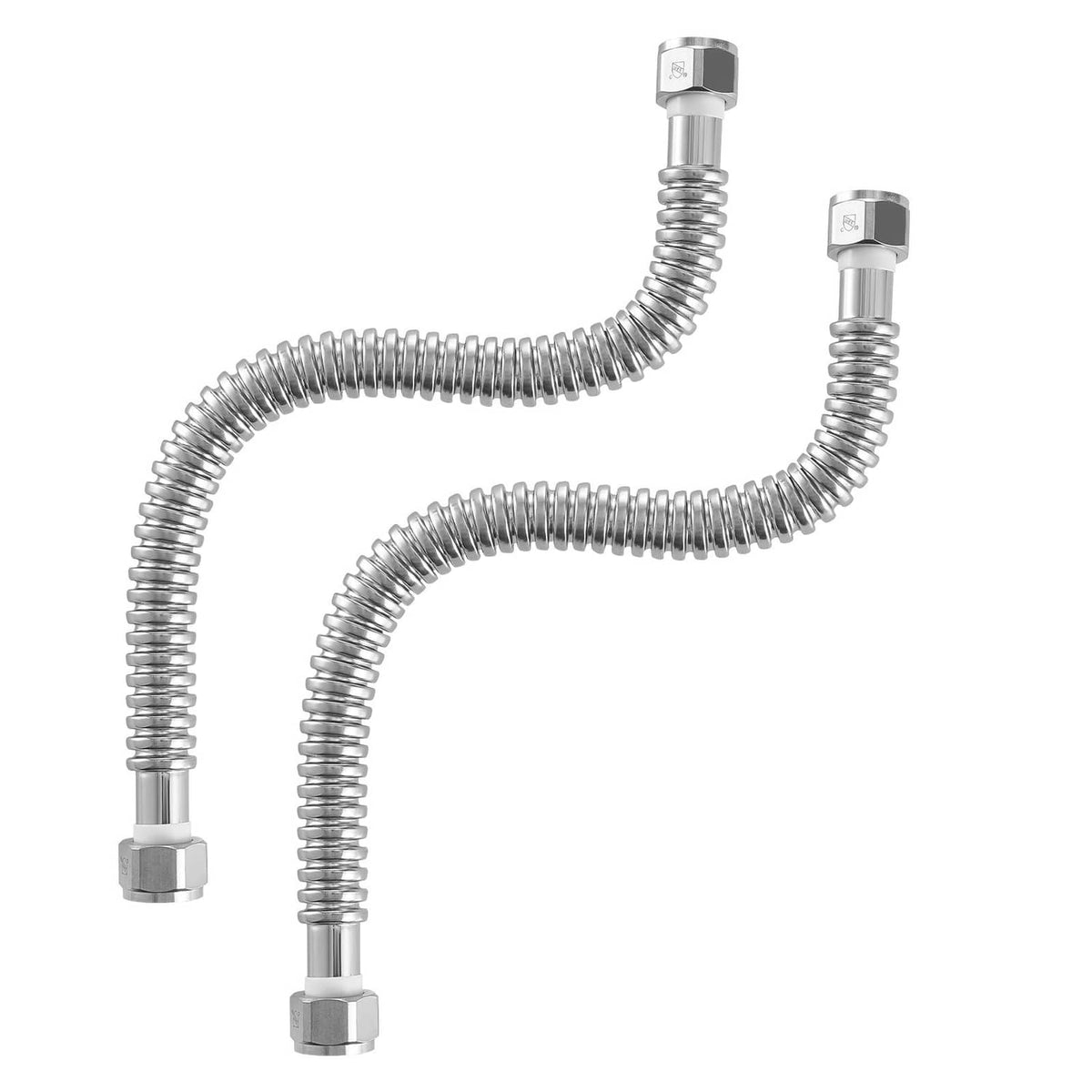 Flexible water heater connector kit, two coiled hoses with hex adapters and elbow shape