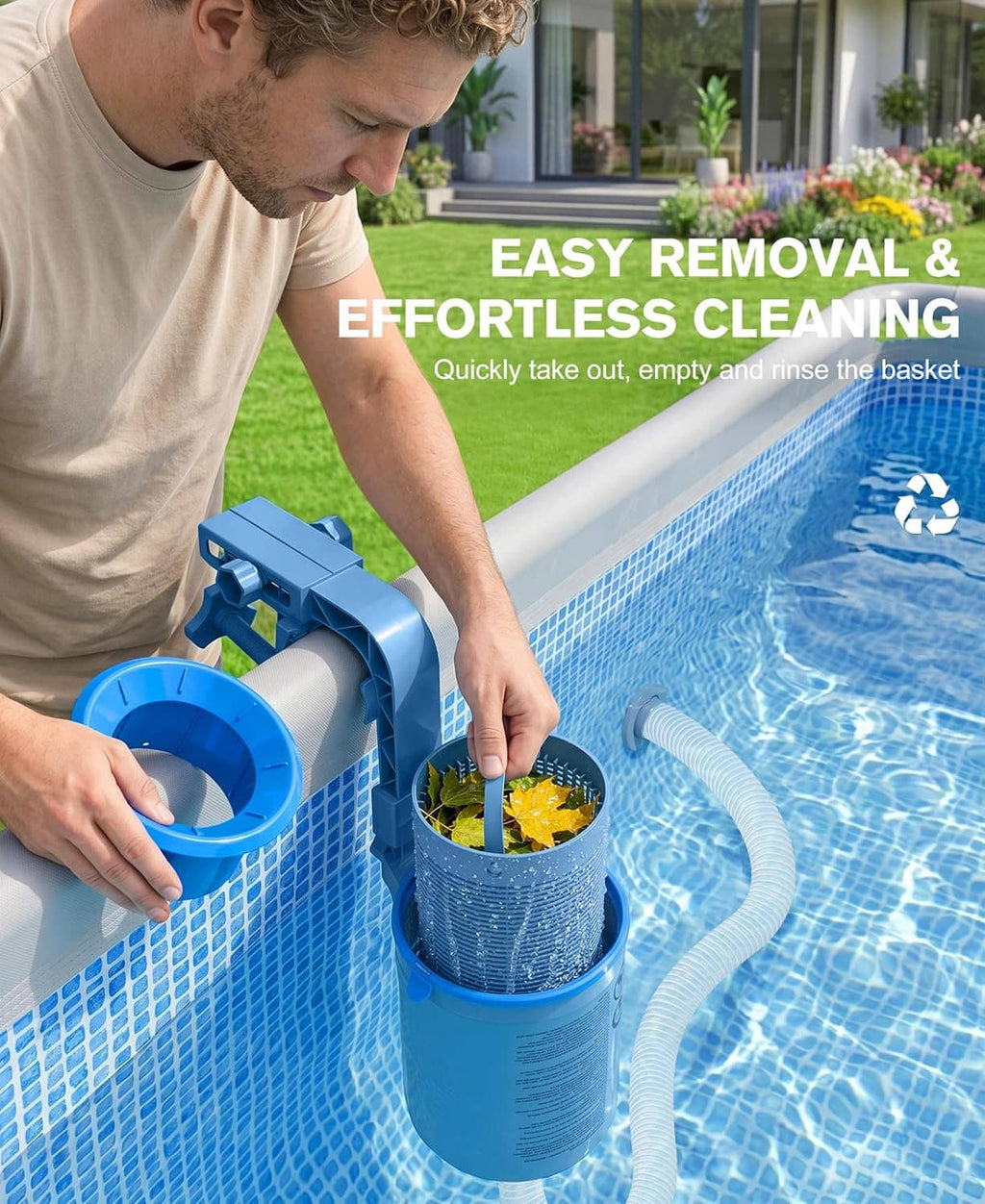 Wall-mount above-ground pool skimmer with removable blue basket for easy emptying