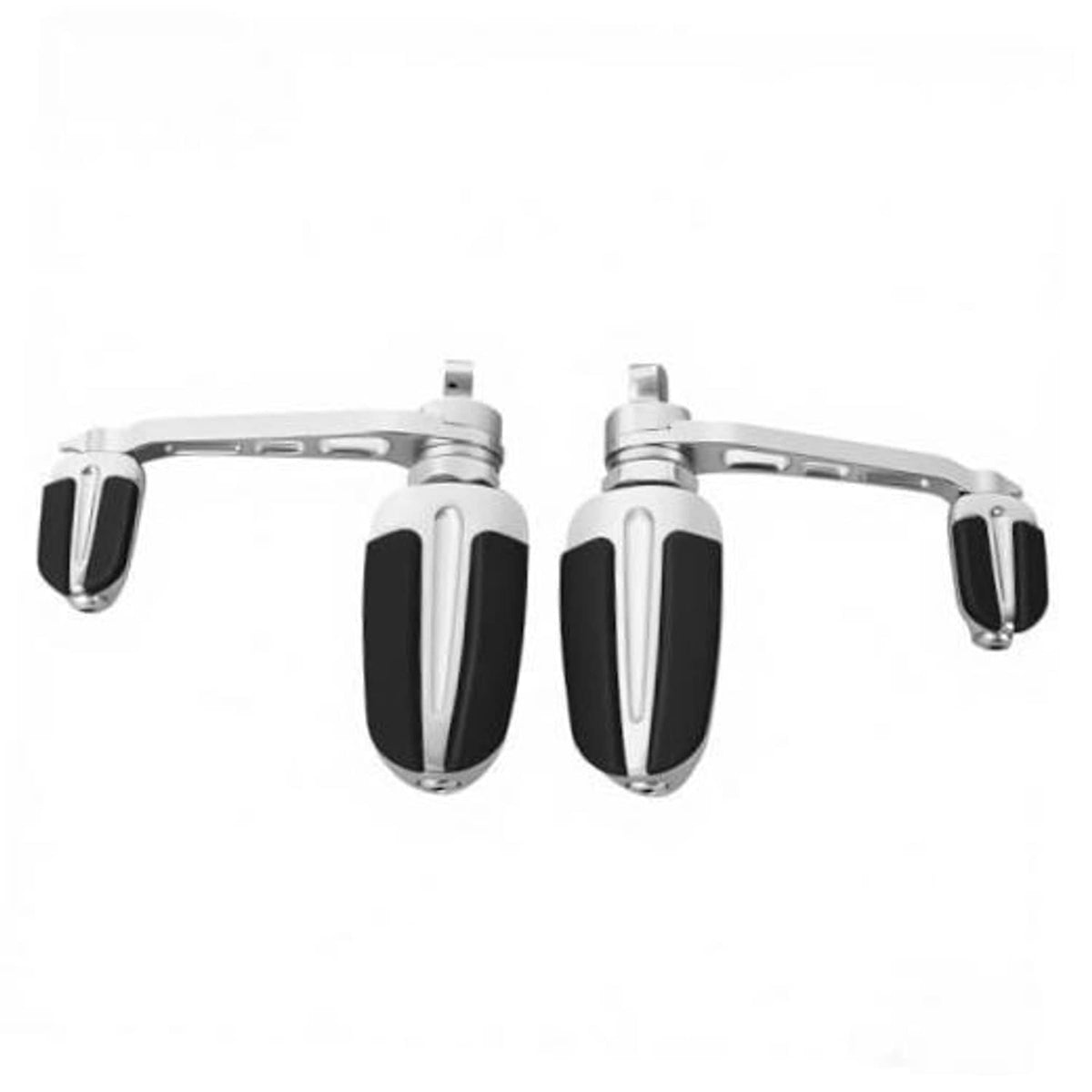 Motorcycle highway foot pegs set with black rubber pads and silver metal arms, 2-pack