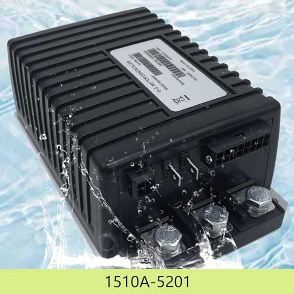 Black waterproof-style DC controller with open terminal area and bolt connectors