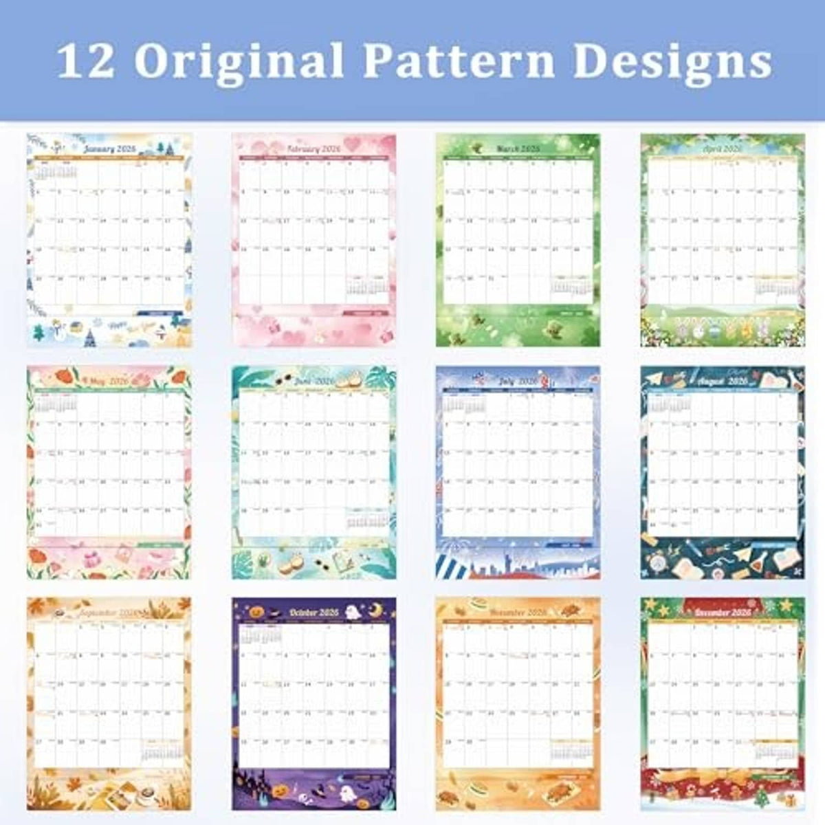 Wall calendar pattern design collage with 12 different seasonal monthly layouts