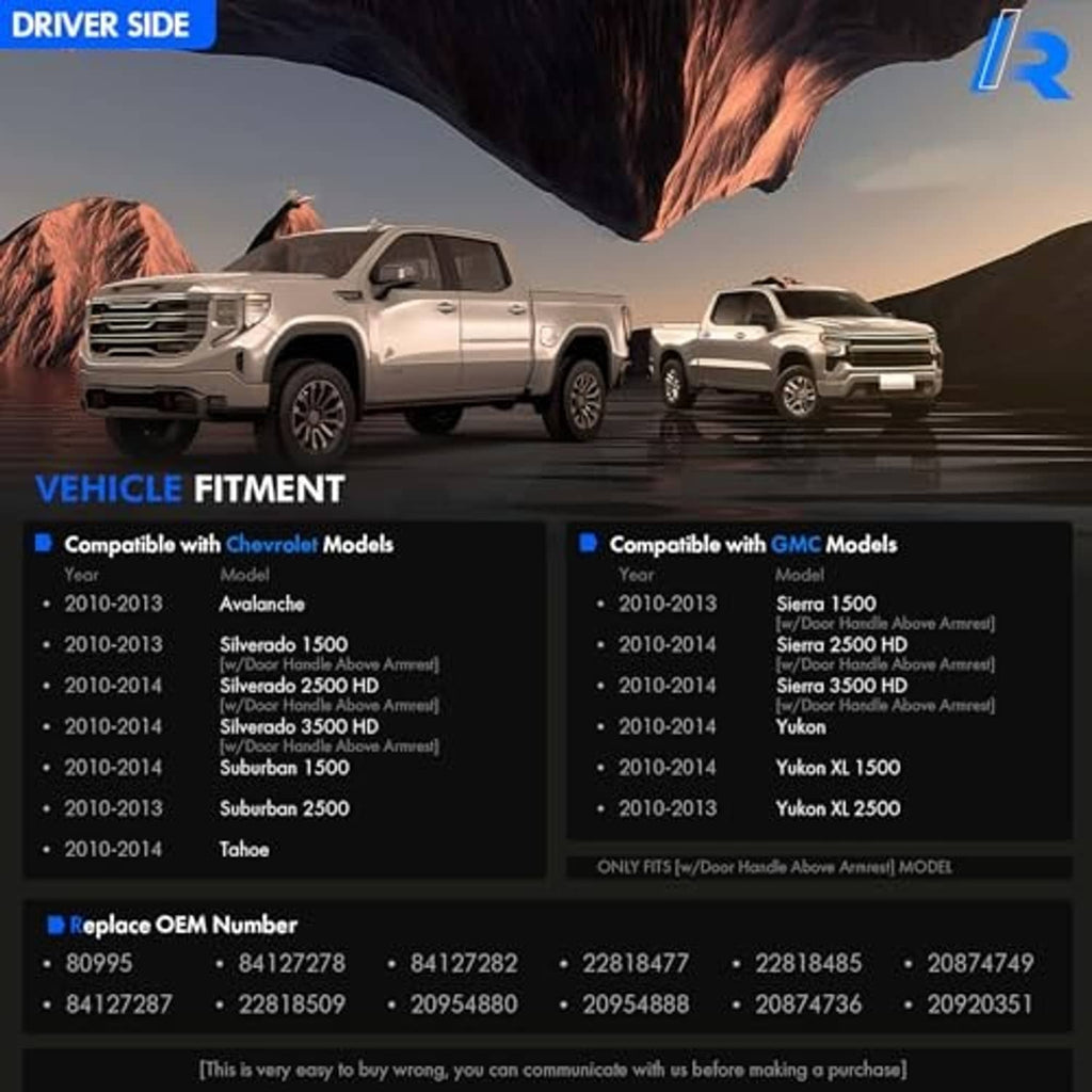 Driver side armrest repair kit fitment compatibility chart for select trucks