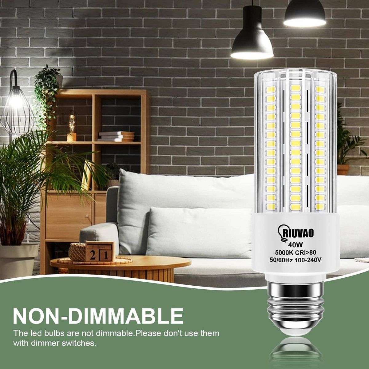 Non-dimmable LED bulb, cool daylight 5000K, 5000LM, E26 base with clear tube design.