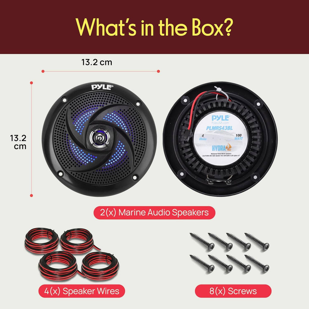 Two black marine 4-inch speakers with blue LED rings, plus speaker wires and screws