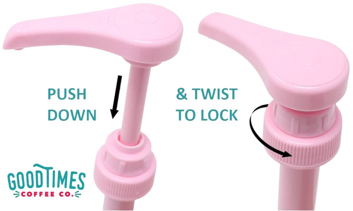 Pink syrup pump with push-down and twist-to-lock spout