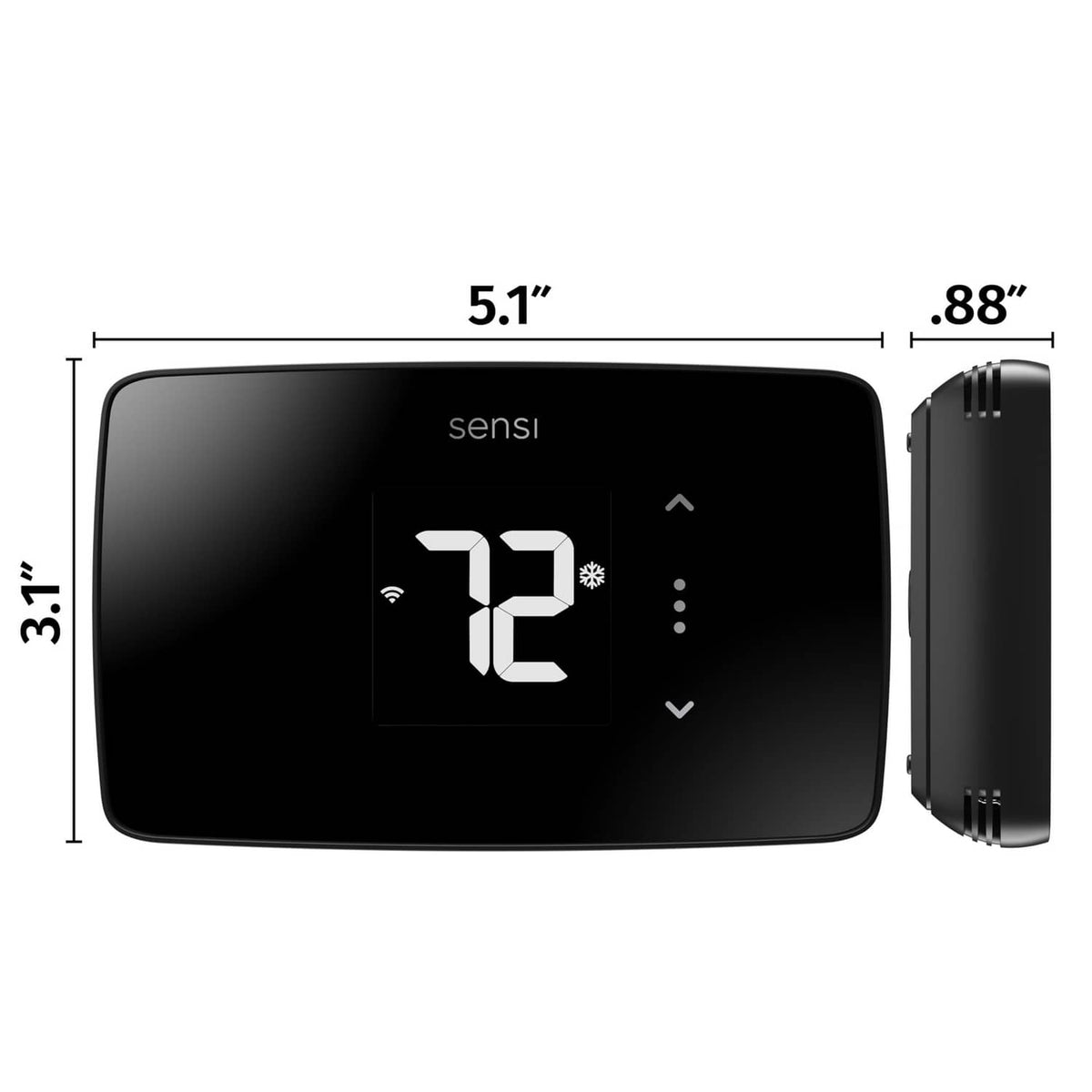 Black Sensi Lite smart thermostat side view with depth and height dimensions