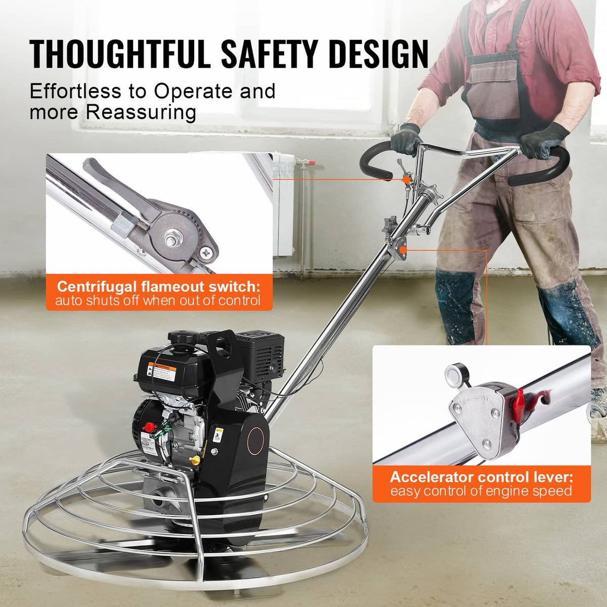 Gas-powered walk-behind concrete power trowel with floating disc and round guard
