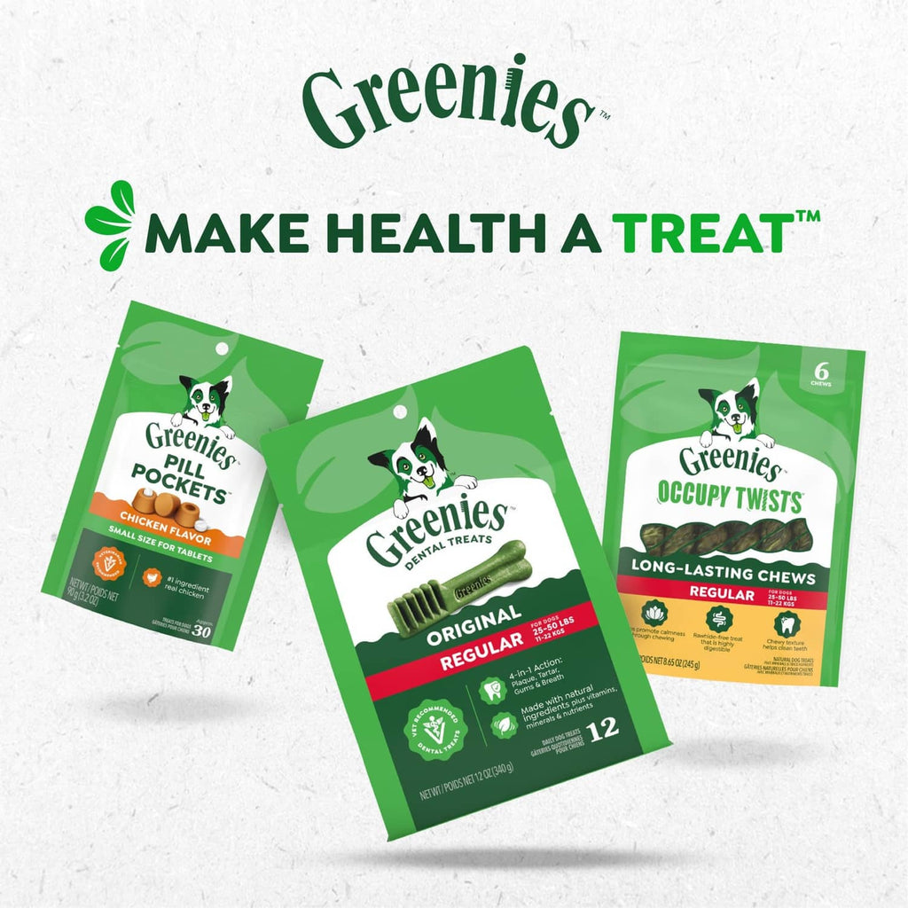 Greenies Anytime Bites dog treat packs in green packaging, assorted varieties