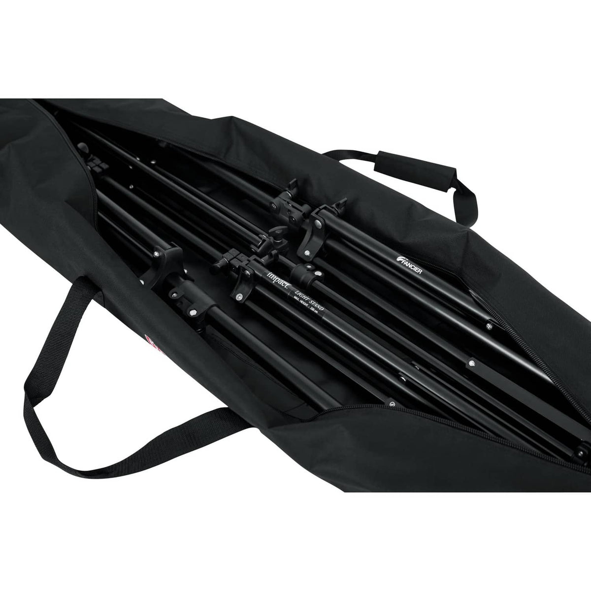 Open black carry bag showing metal stand legs and secure tie straps