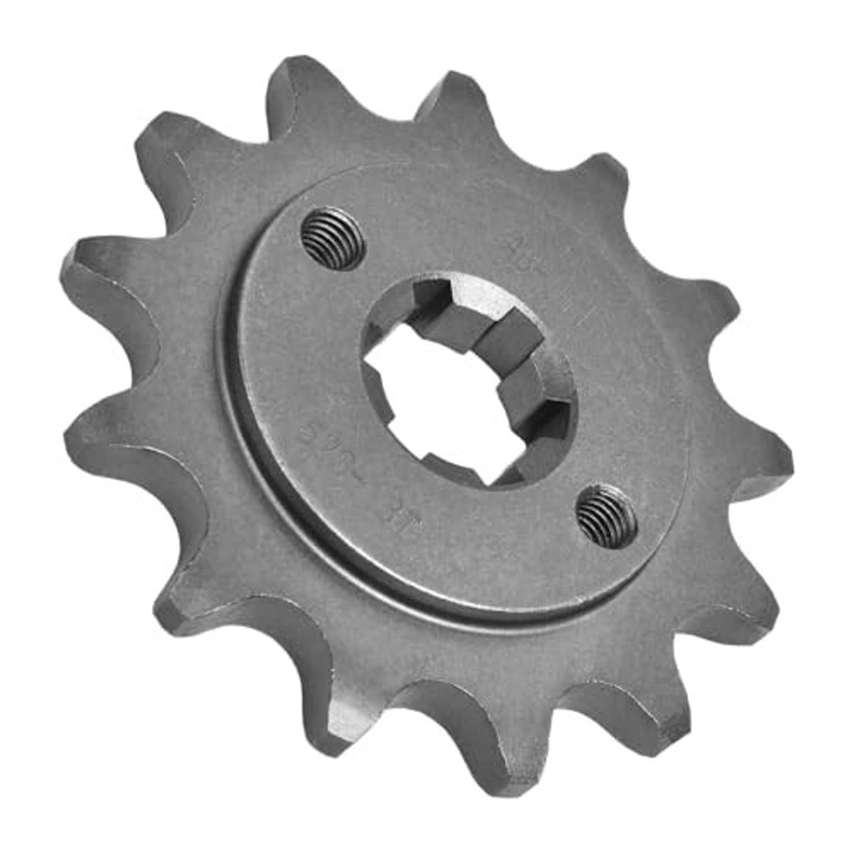 Front sprocket gear with threaded mounting holes and center spline, dark steel side view