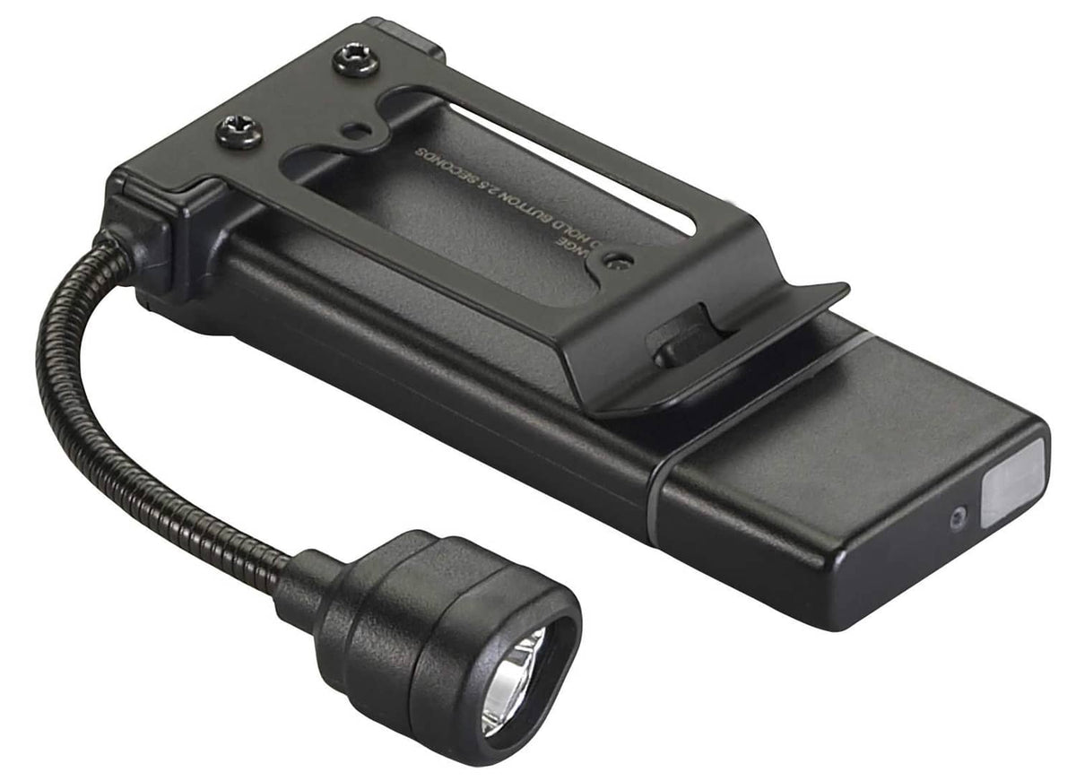 Black Streamlight ClipMate light with coiled cable and beam head, angled view