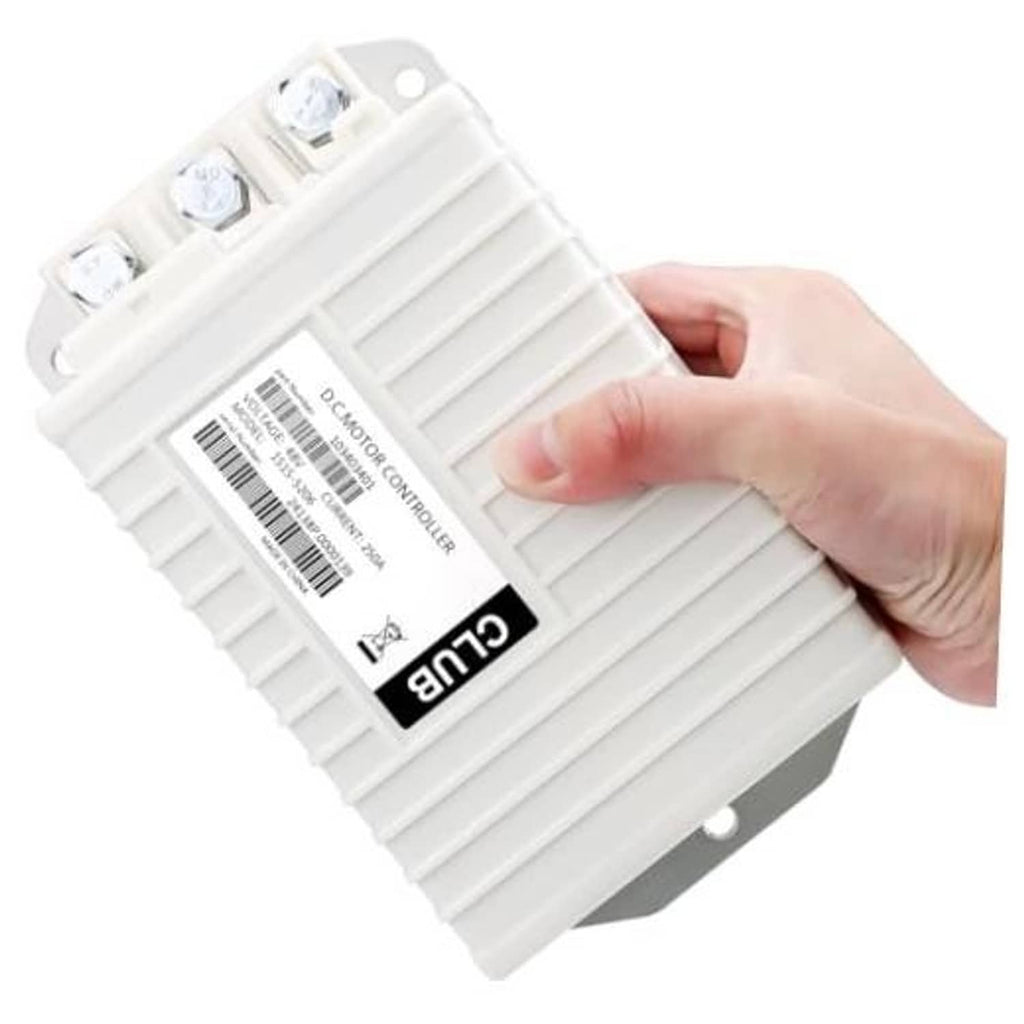 White DC motor controller unit with screw terminals on the side, handheld close-up
