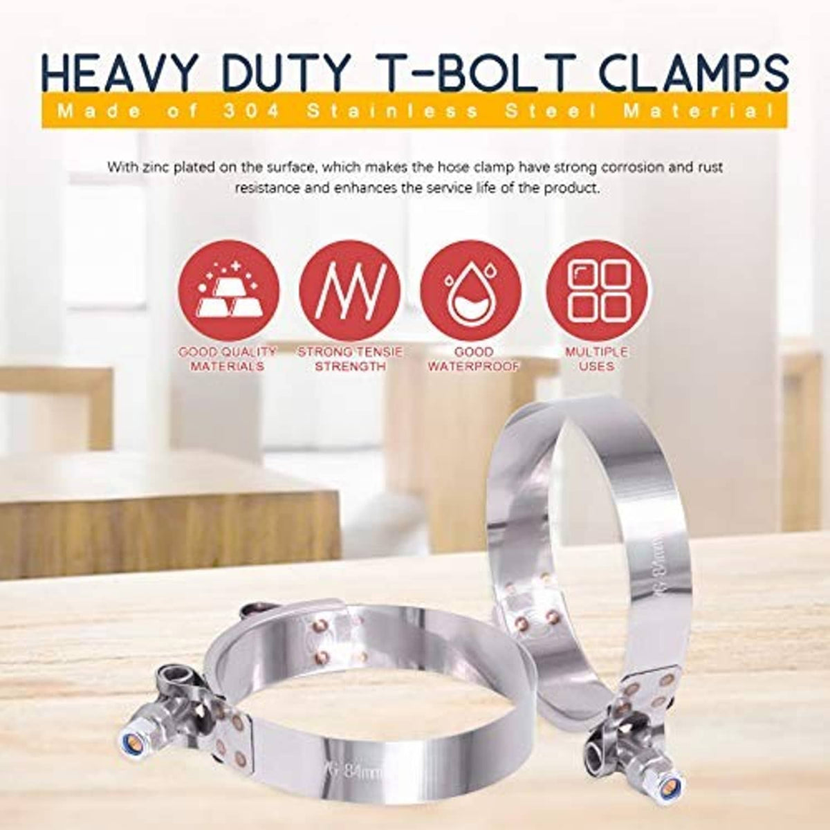 Stainless steel T-bolt hose clamps pair with perforated band plates, 76–84mm