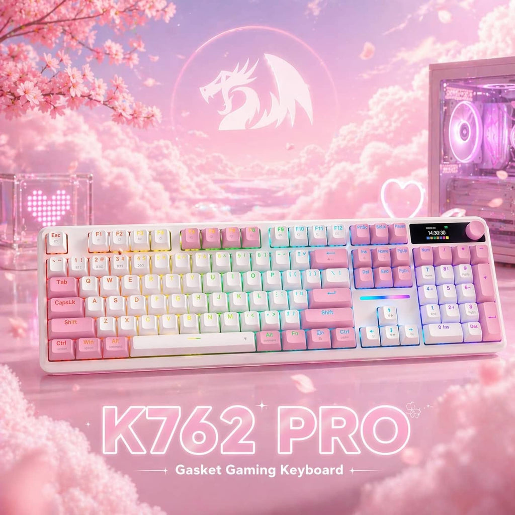 Wireless gaming keyboard with pink-and-white keys and glowing RGB accents on the frame