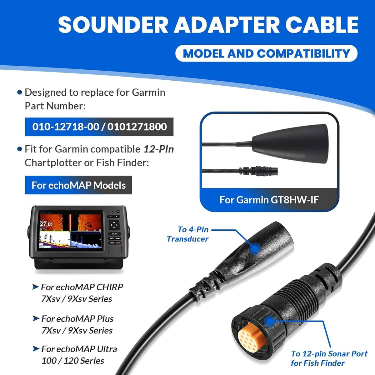 Sounder adapter cable with 4-pin to 12-pin transducer connectors