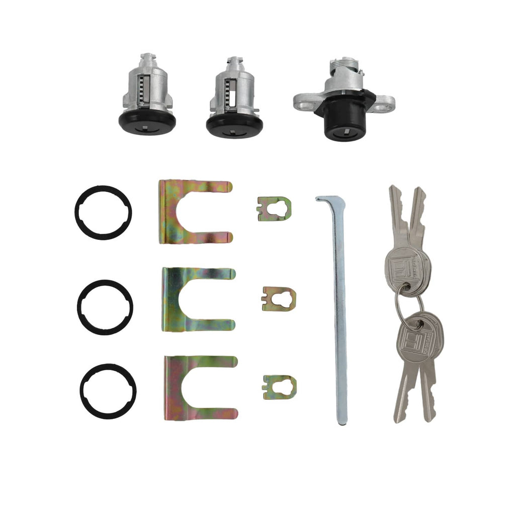 Door lock cylinder set with three cylinders, three keys, and mounting hardware