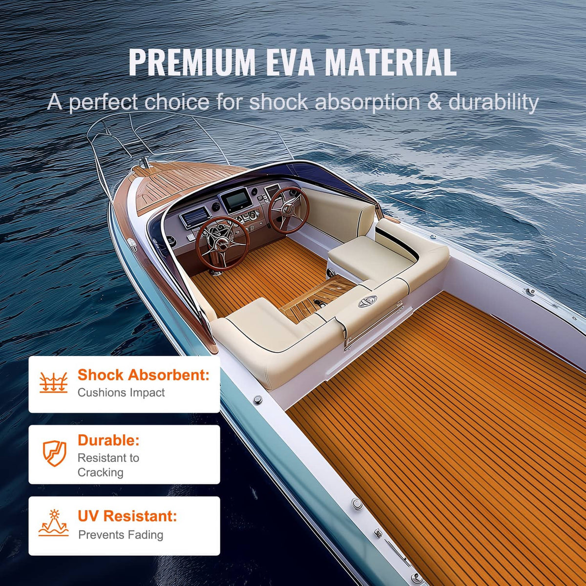 Orange-brown faux teak EVA foam deck mat on yacht deck beside seating