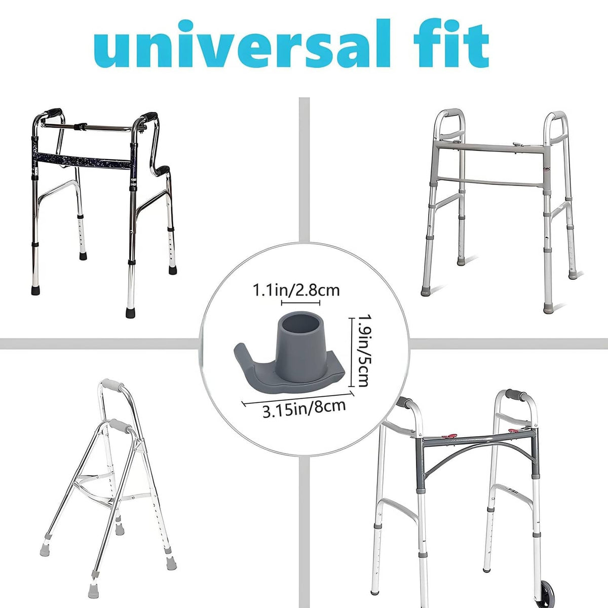 Grey felt ski glide caps, universal fit size guide diagram