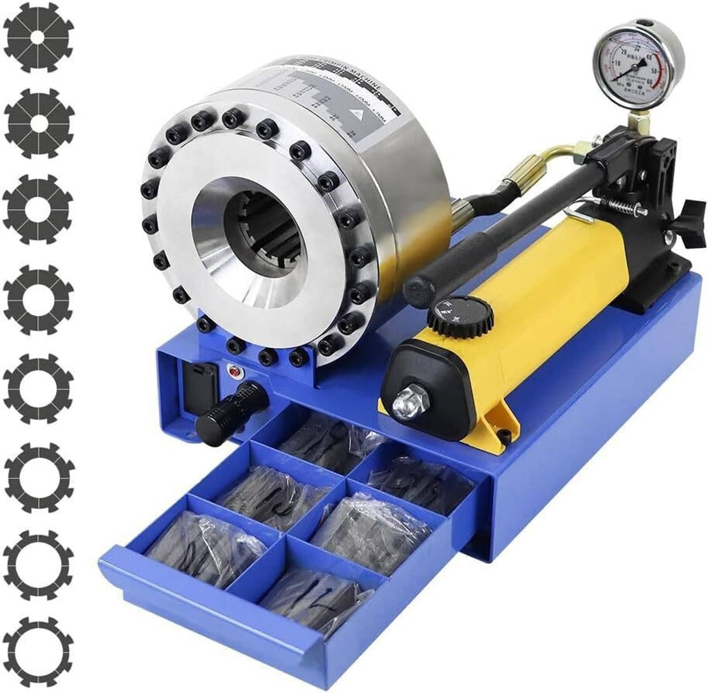 Hydraulic pipe clamping machine with silver die ring, pressure gauge, and boxed die inserts