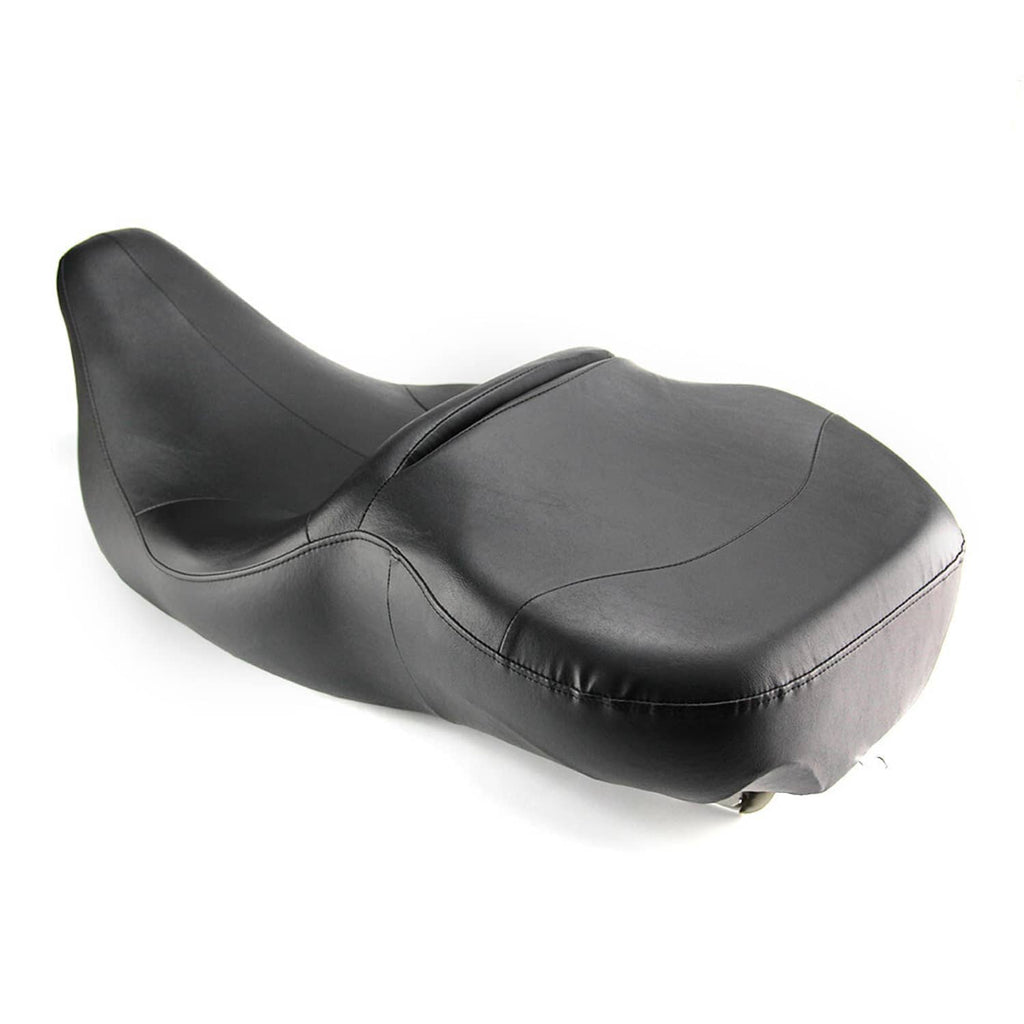 Black padded motorcycle seat with curved profile and visible seam stitching