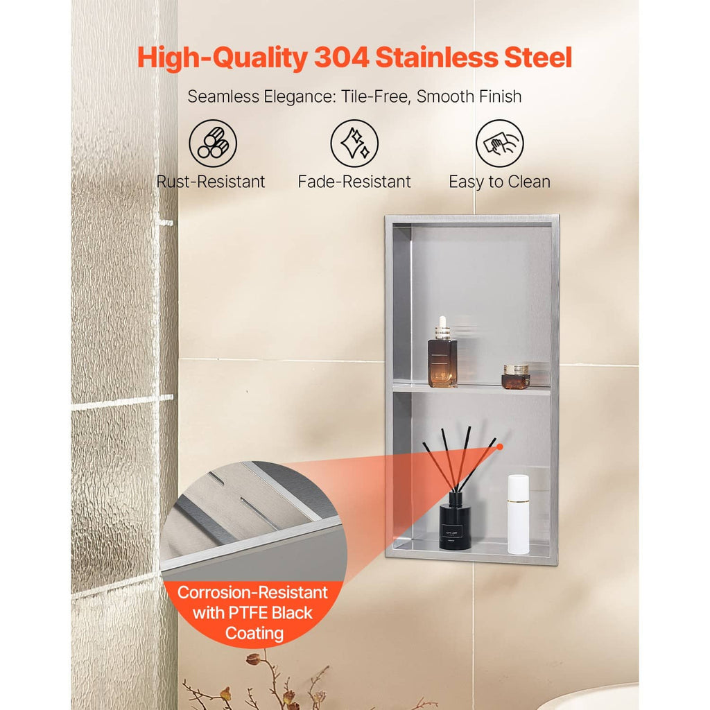 Recessed stainless steel shower niche shelf with smooth face and side compartments