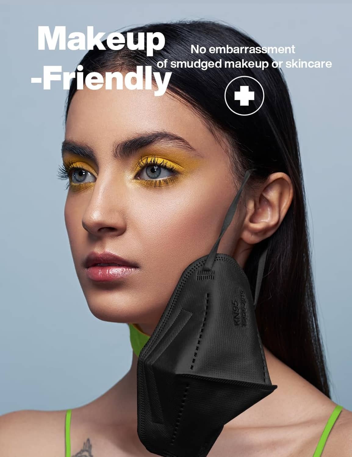 Black KN95 face mask on a woman, makeup-friendly wear