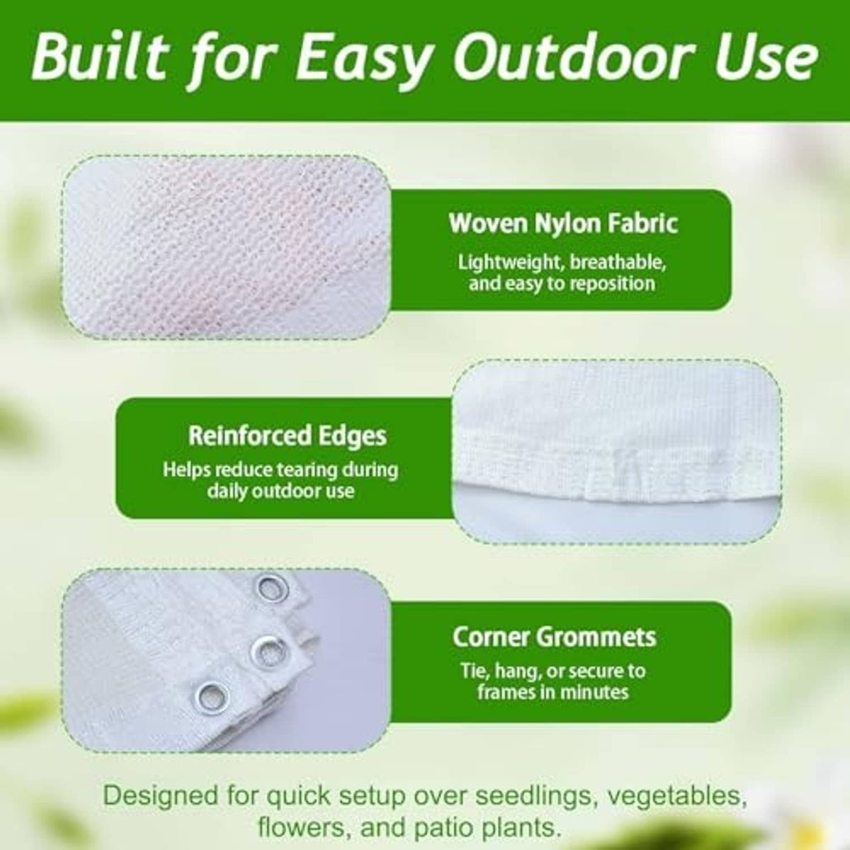White woven shade cloth with reinforced edges and corner grommets