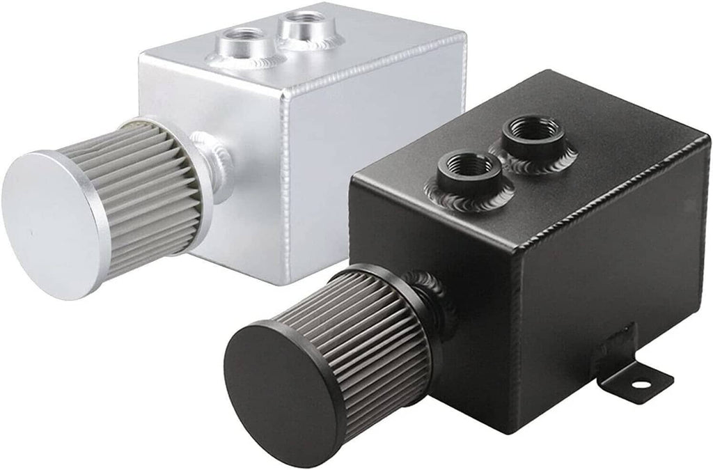 Oil catch can tank with two ribbed filter ports and mounting bracket