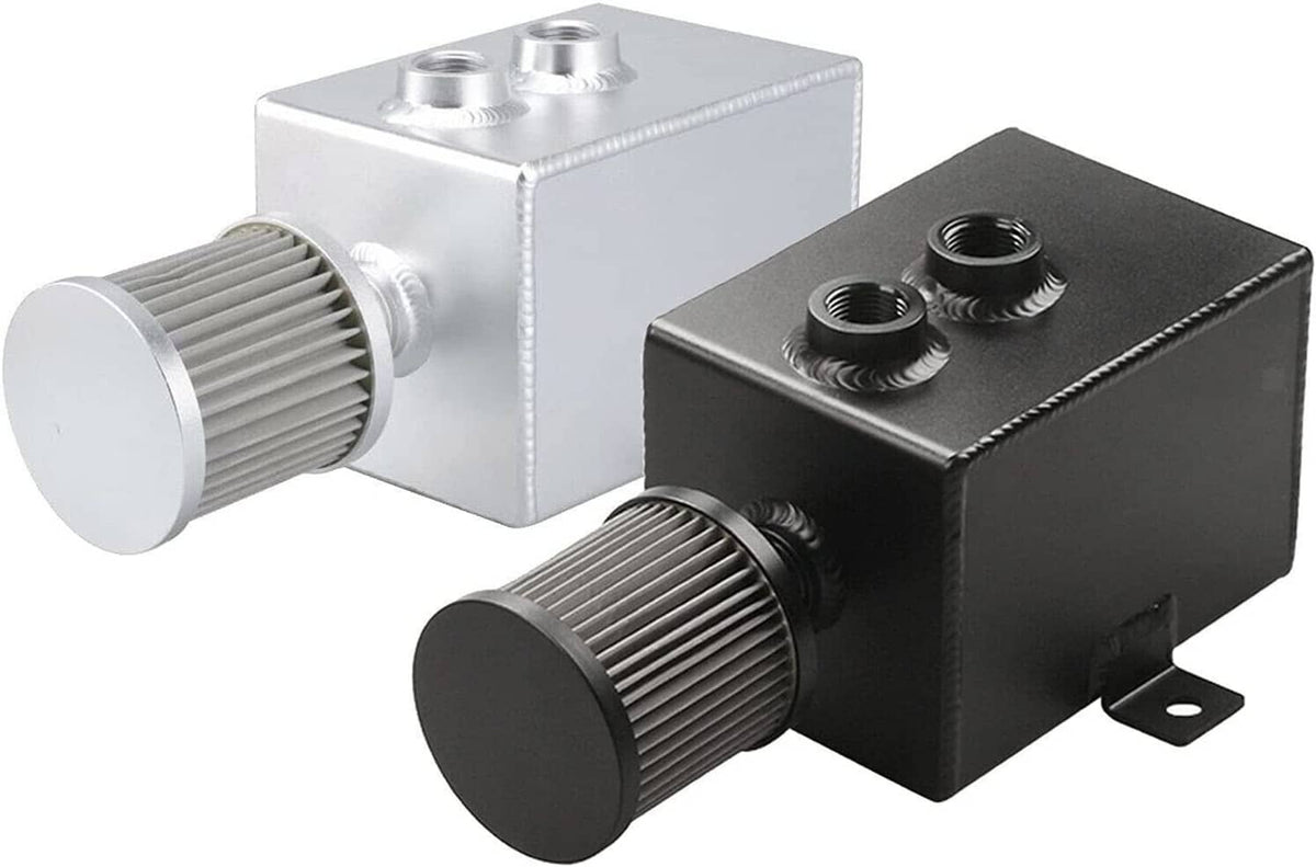 Oil catch can tank with two ribbed filter ports and mounting bracket