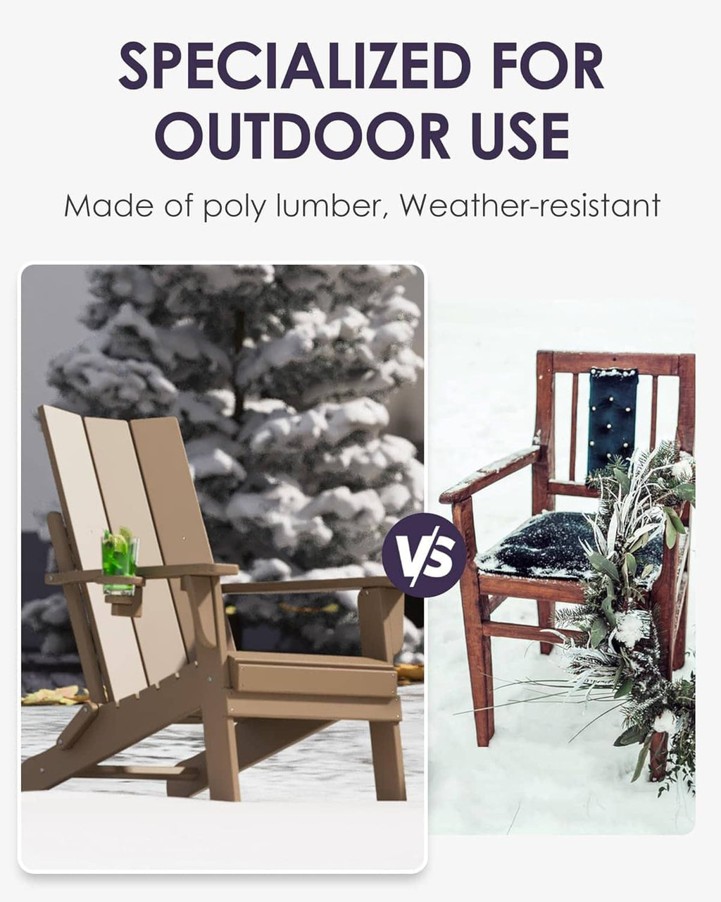 Tan folding Adirondack chair for outdoor use shown in snowy conditions
