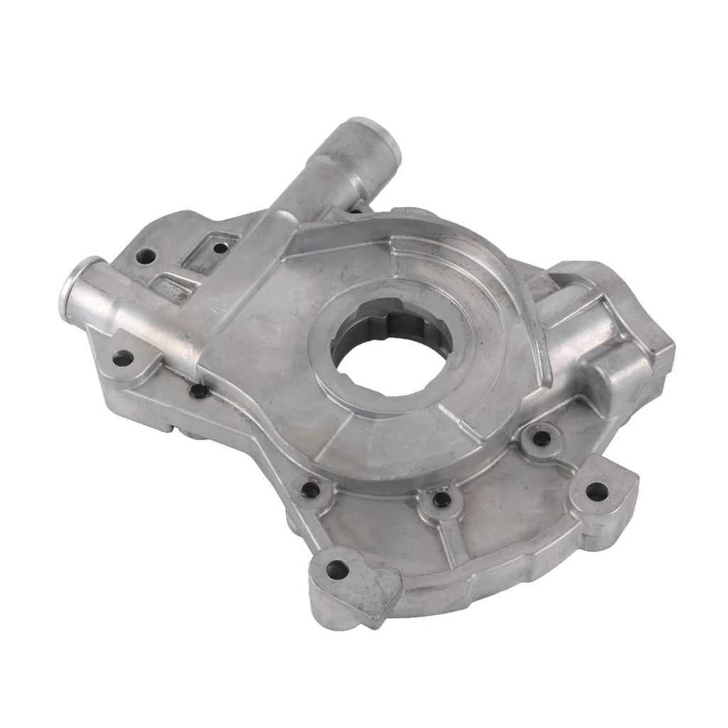 Engine oil pump housing with large circular opening, smooth machined surfaces, silver