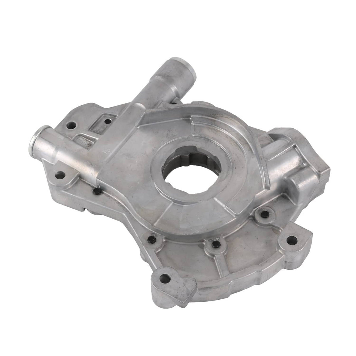 Engine oil pump housing with large circular opening, smooth machined surfaces, silver