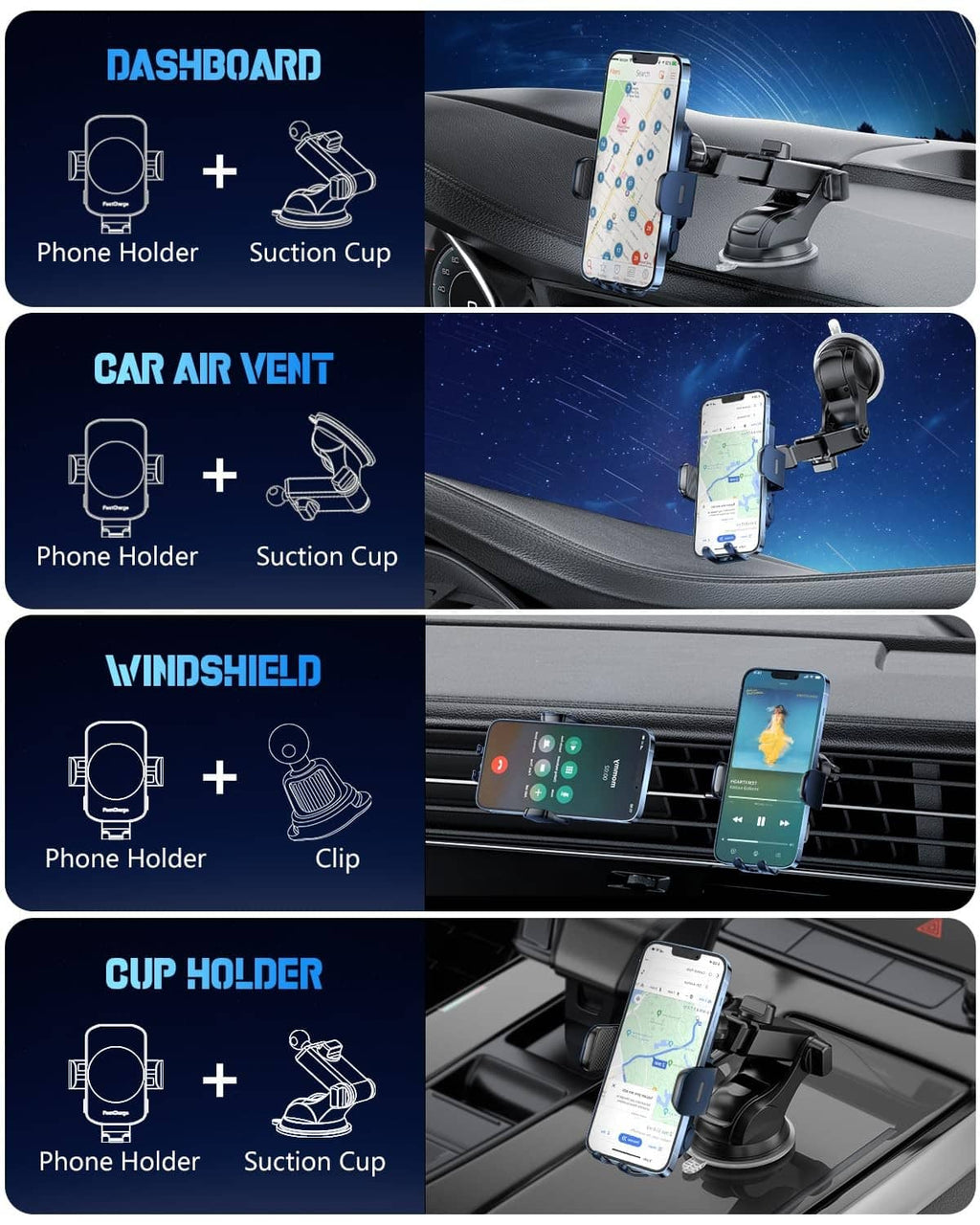 Phone holder charger mount shown with dash suction cup, air vent clip, and clip setup