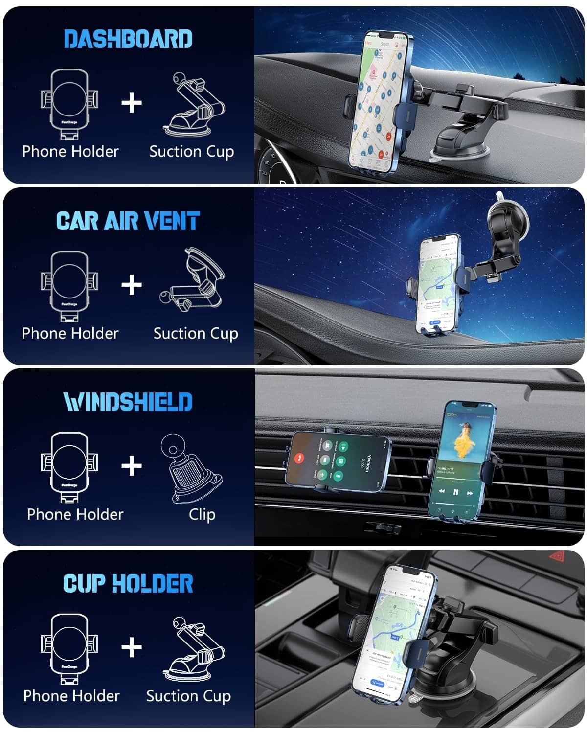Phone holder charger mount shown with dash suction cup, air vent clip, and clip setup