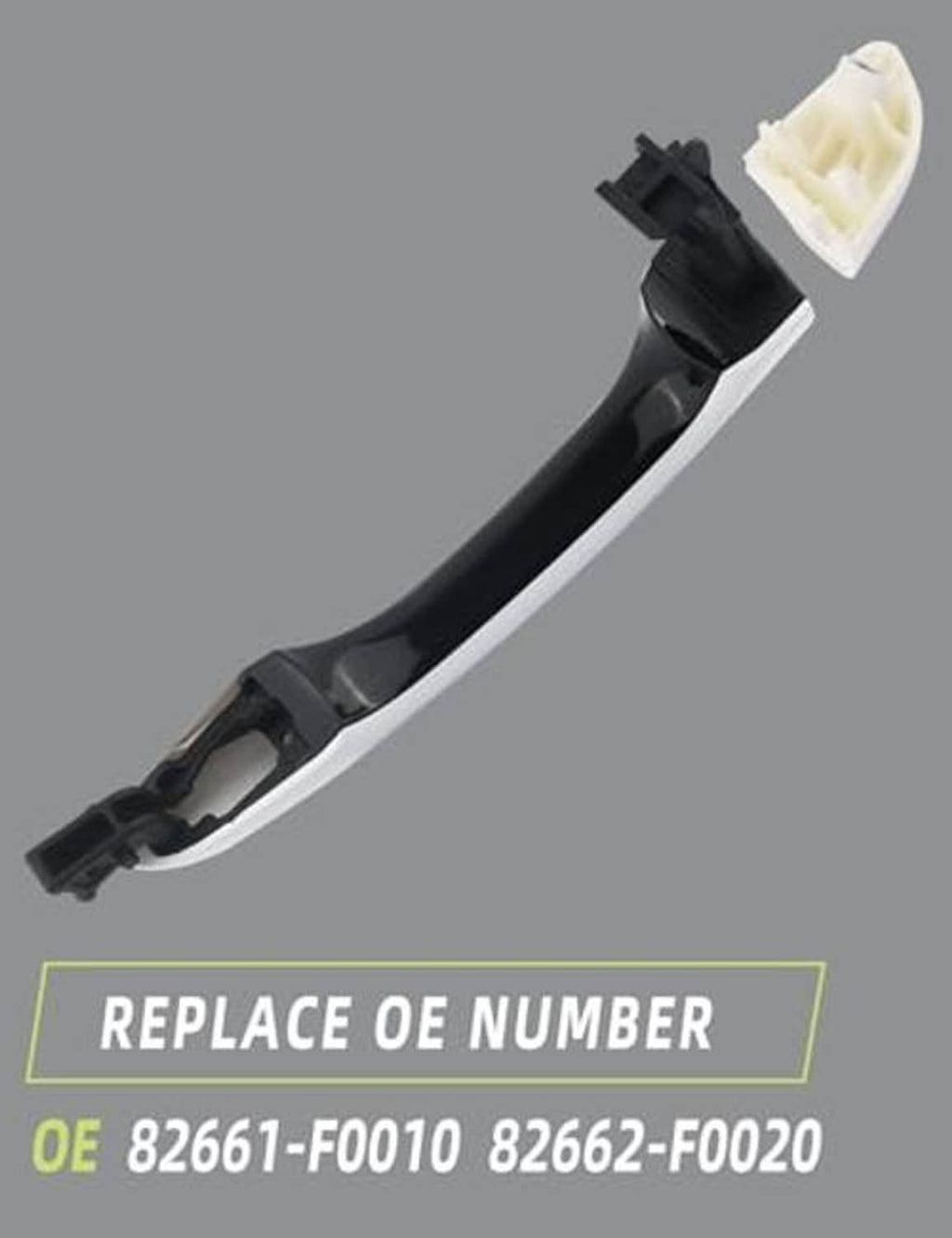 Exterior door handle with black support bracket and white cover piece