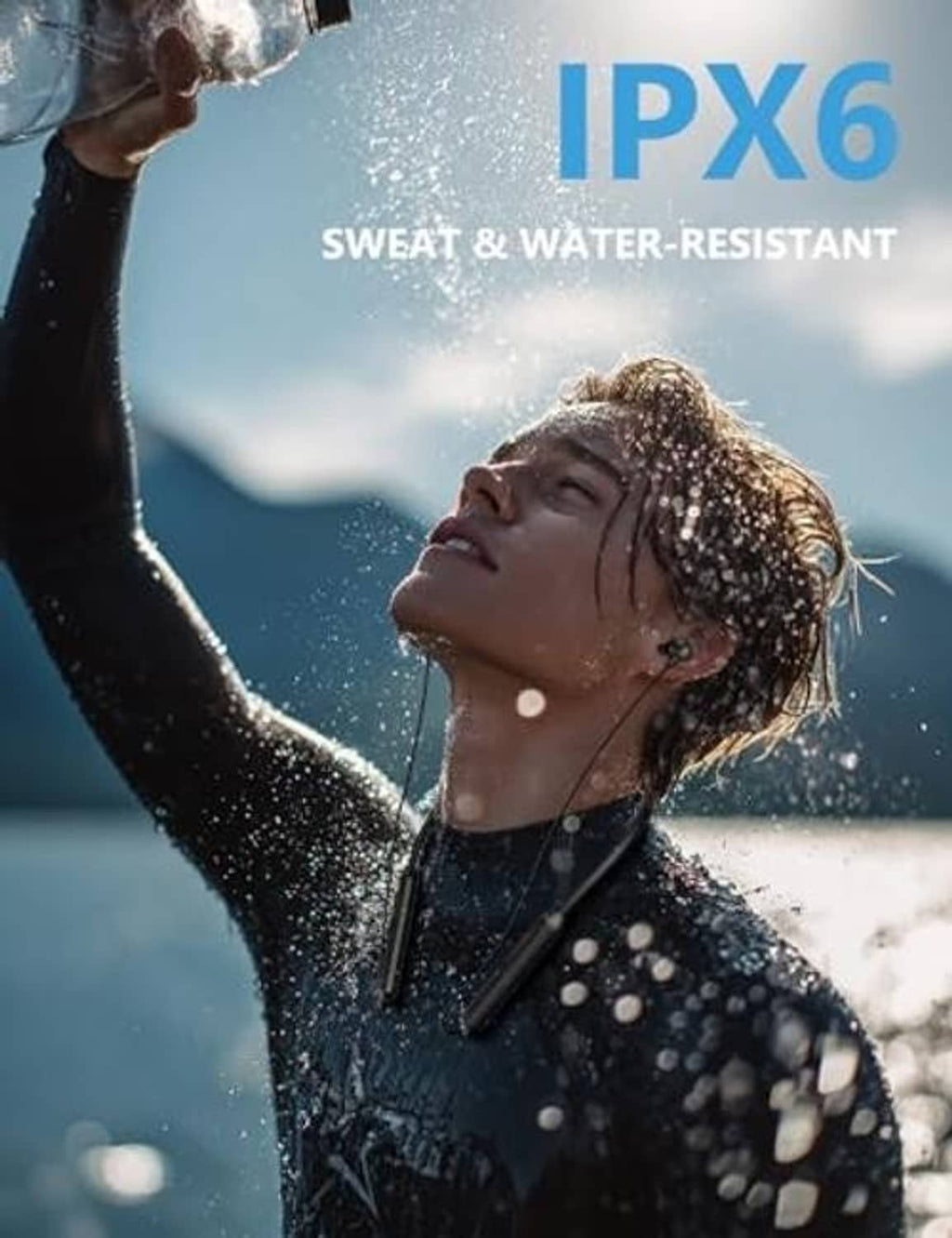 Black wireless neckband earbuds worn outdoors with in-ear speakers and protective design