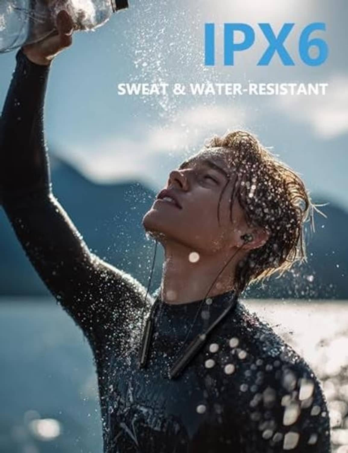 Black wireless neckband earbuds worn outdoors with in-ear speakers and protective design