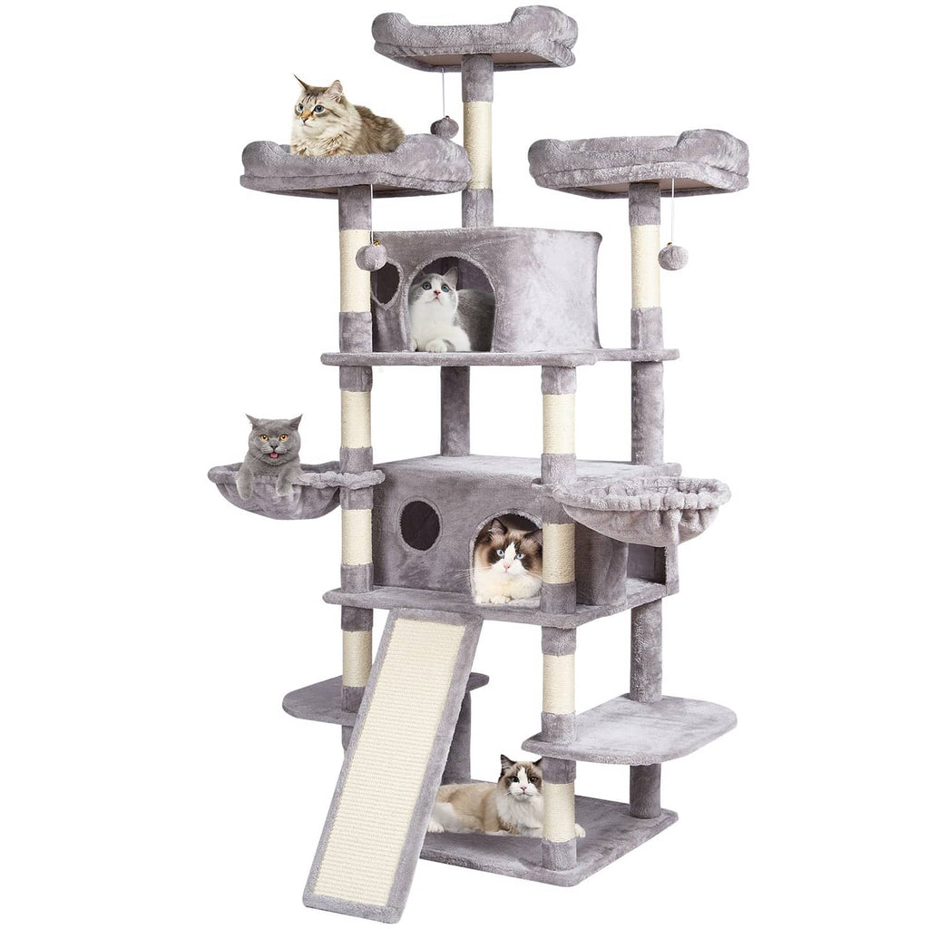 Light gray cat tower with plush condo, stacked platforms, and front climbing ramp