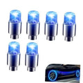 Set of 6 blue glowing LED tire valve stem caps with chrome metal base