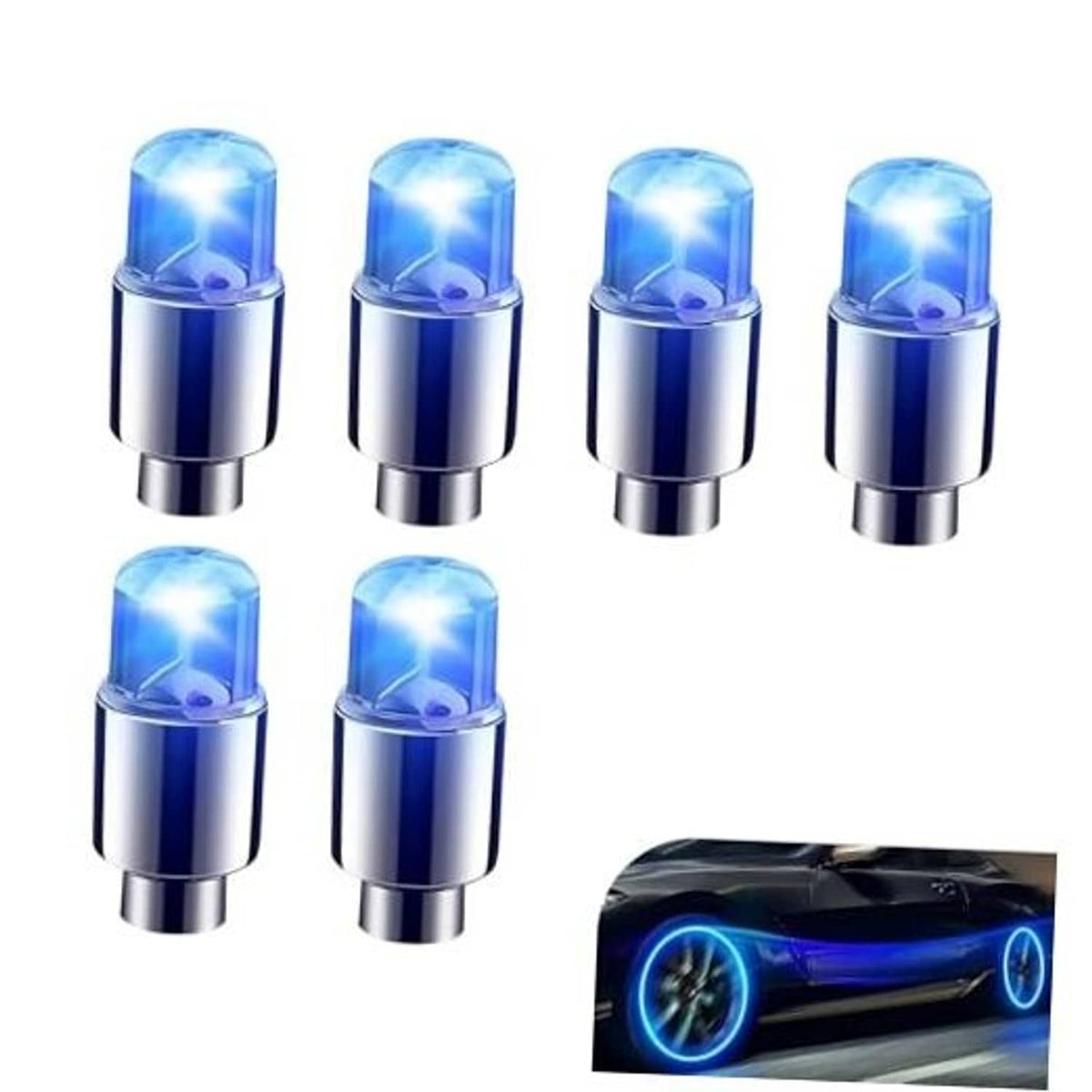 Set of 6 blue glowing LED tire valve stem caps with chrome metal base