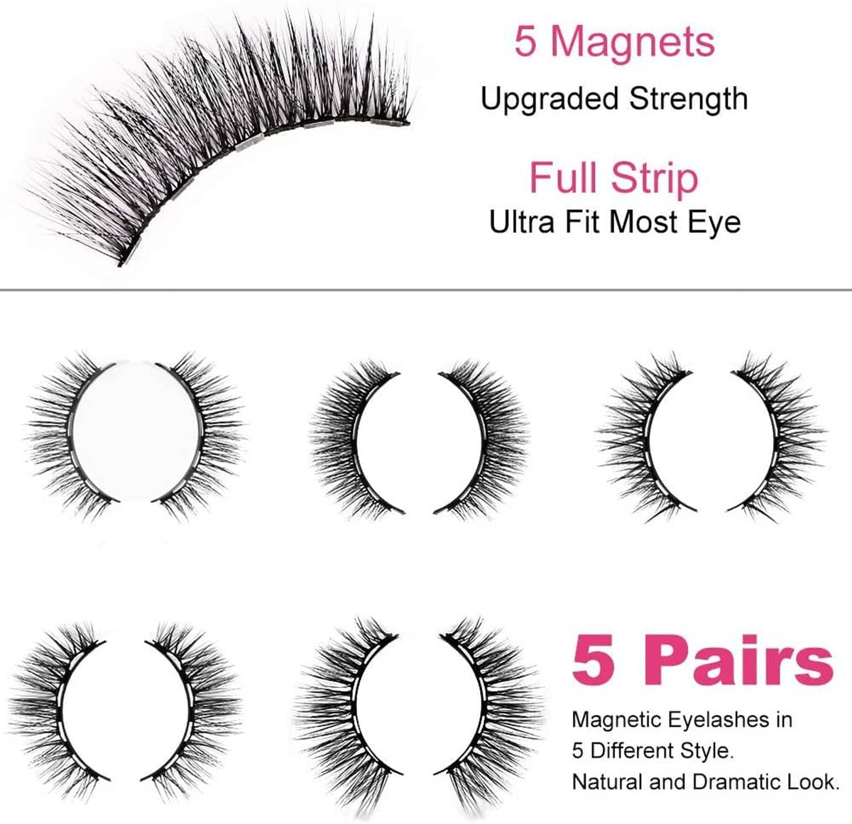Magnetic false eyelash set showing multiple lash styles on white background