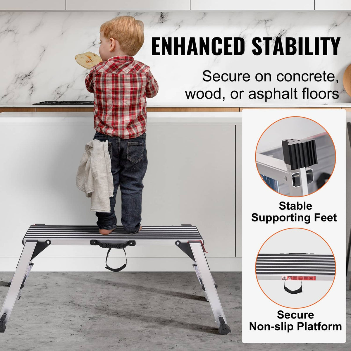 Aluminum folding work platform ladder with stable, non-slip feet on a flat floor