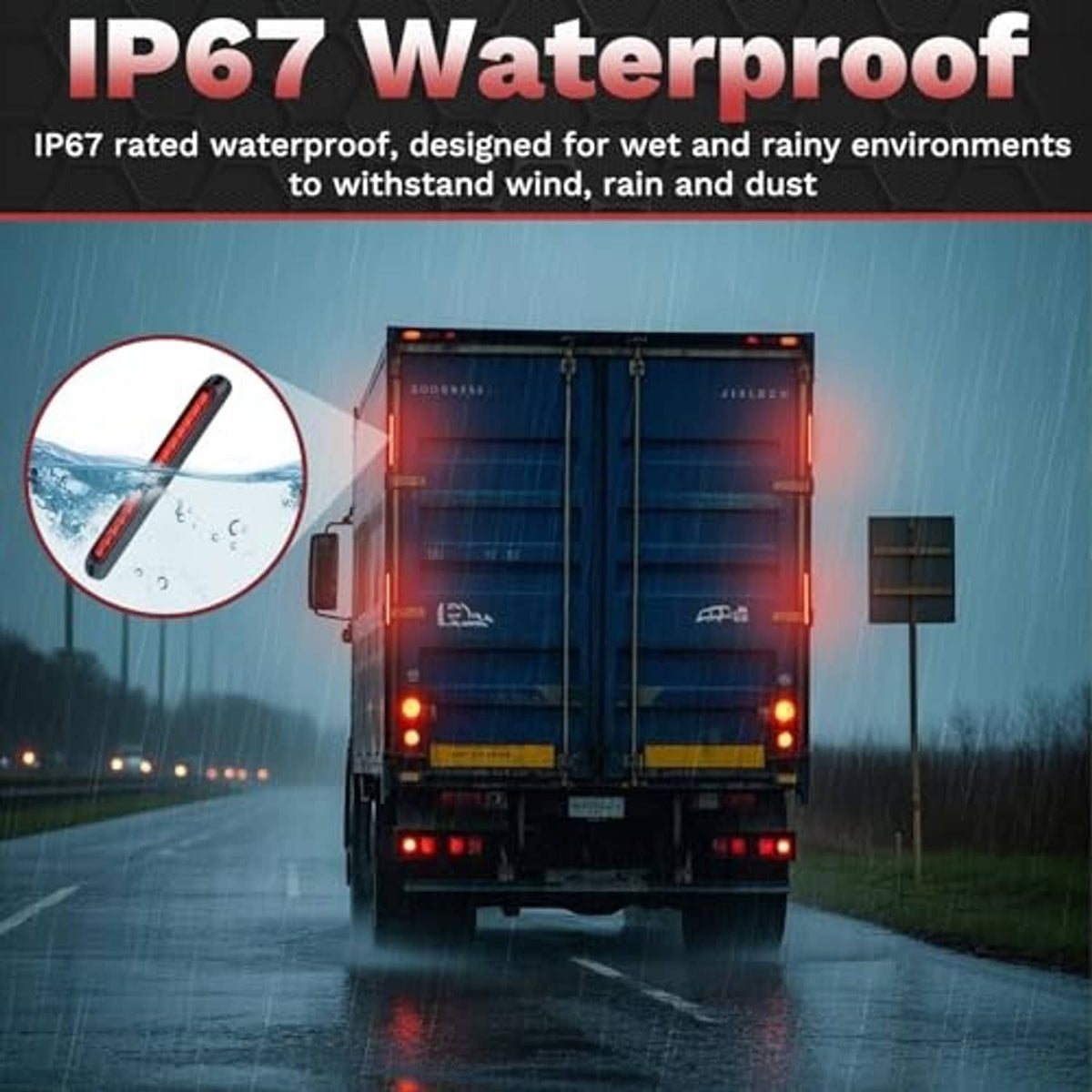 Red LED trailer tail light bars installed on the rear of a truck in rainy weather
