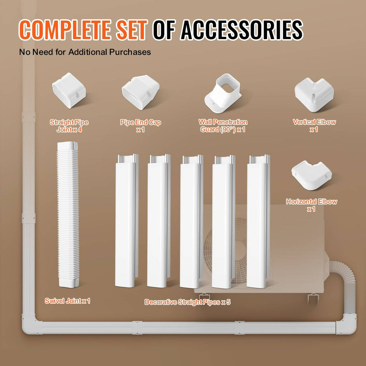 Mini split line set cover accessory set with straight pipes, elbows, and wall guard