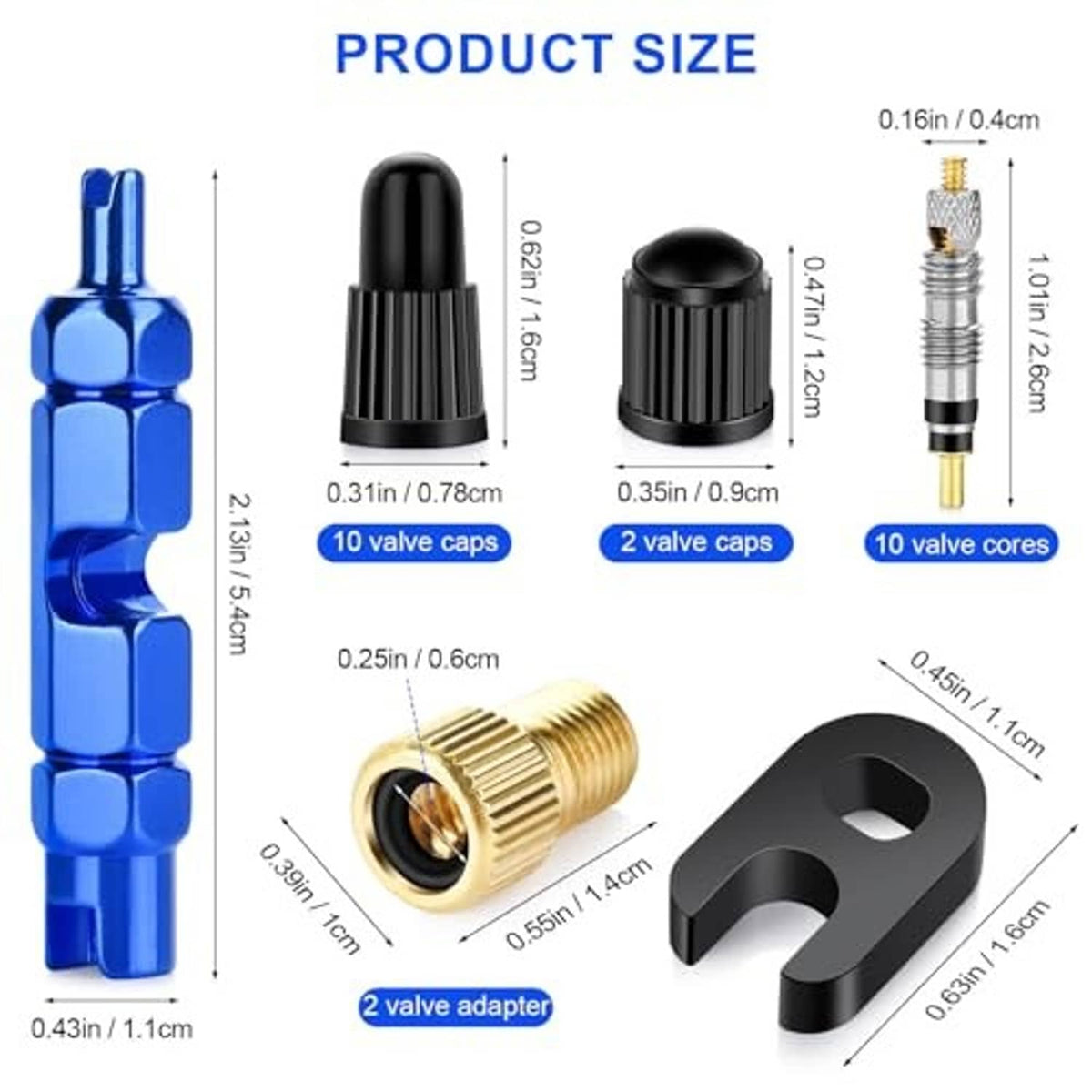Valve core repair kit parts: blue remover tool, black caps, brass cores, and adapter wrench