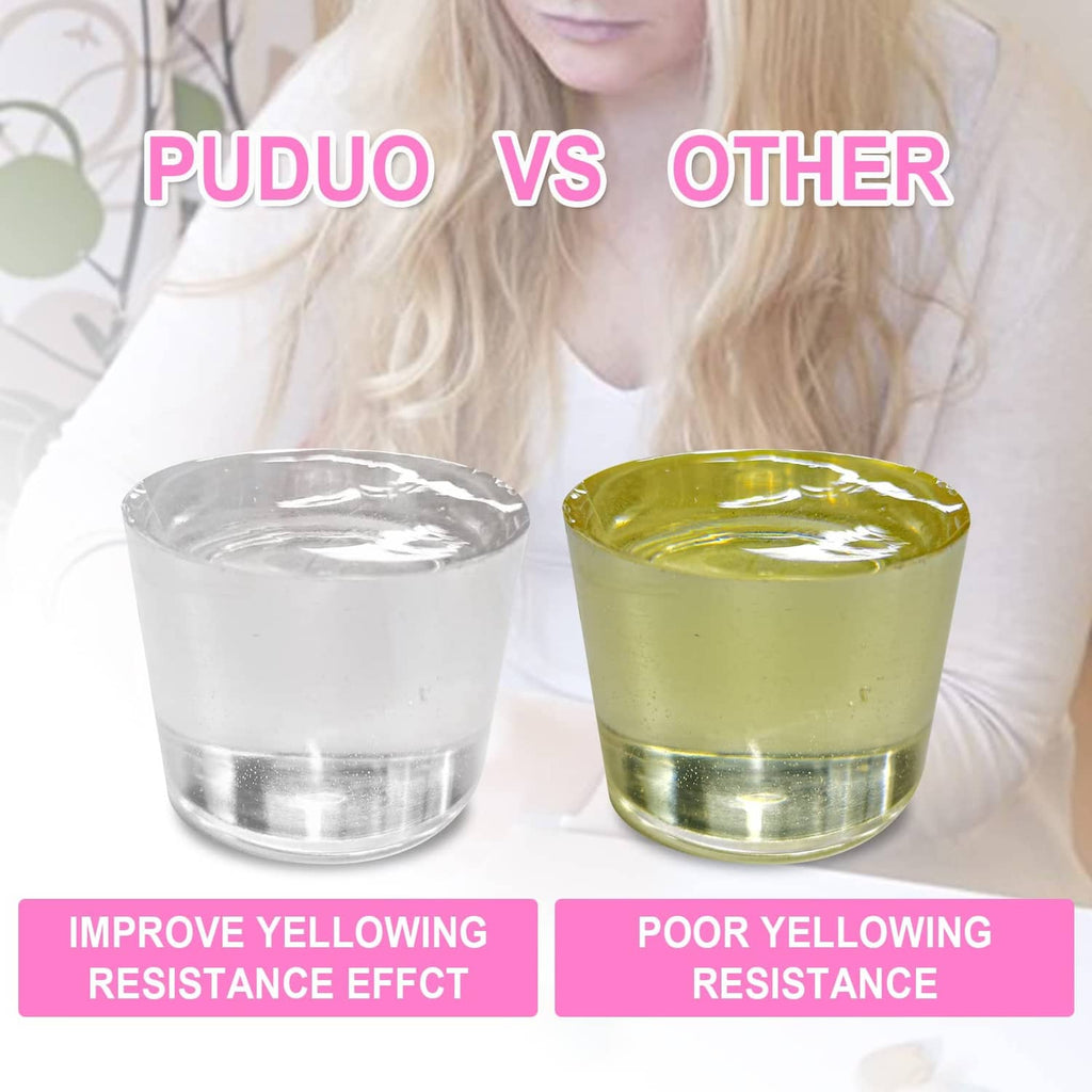 Two resin-filled cups, one clear and one yellow-tinted after mixing