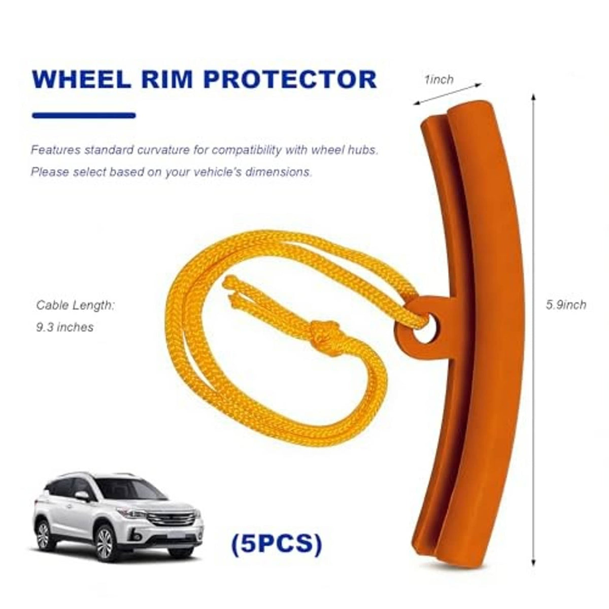 Orange U-shaped wheel rim protector with yellow cord and hook