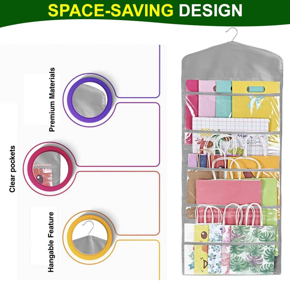Gray hanging gift bag organizer with clear pockets and reinforced top hanger loop.