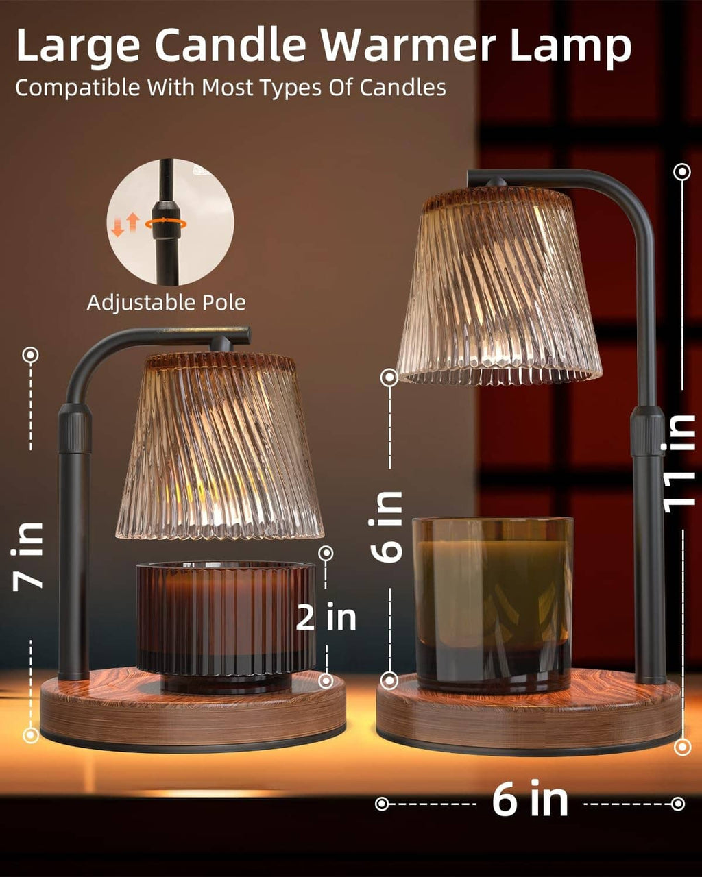 Candle warmer lamp on round wood base with adjustable matte black pole and ribbed shade