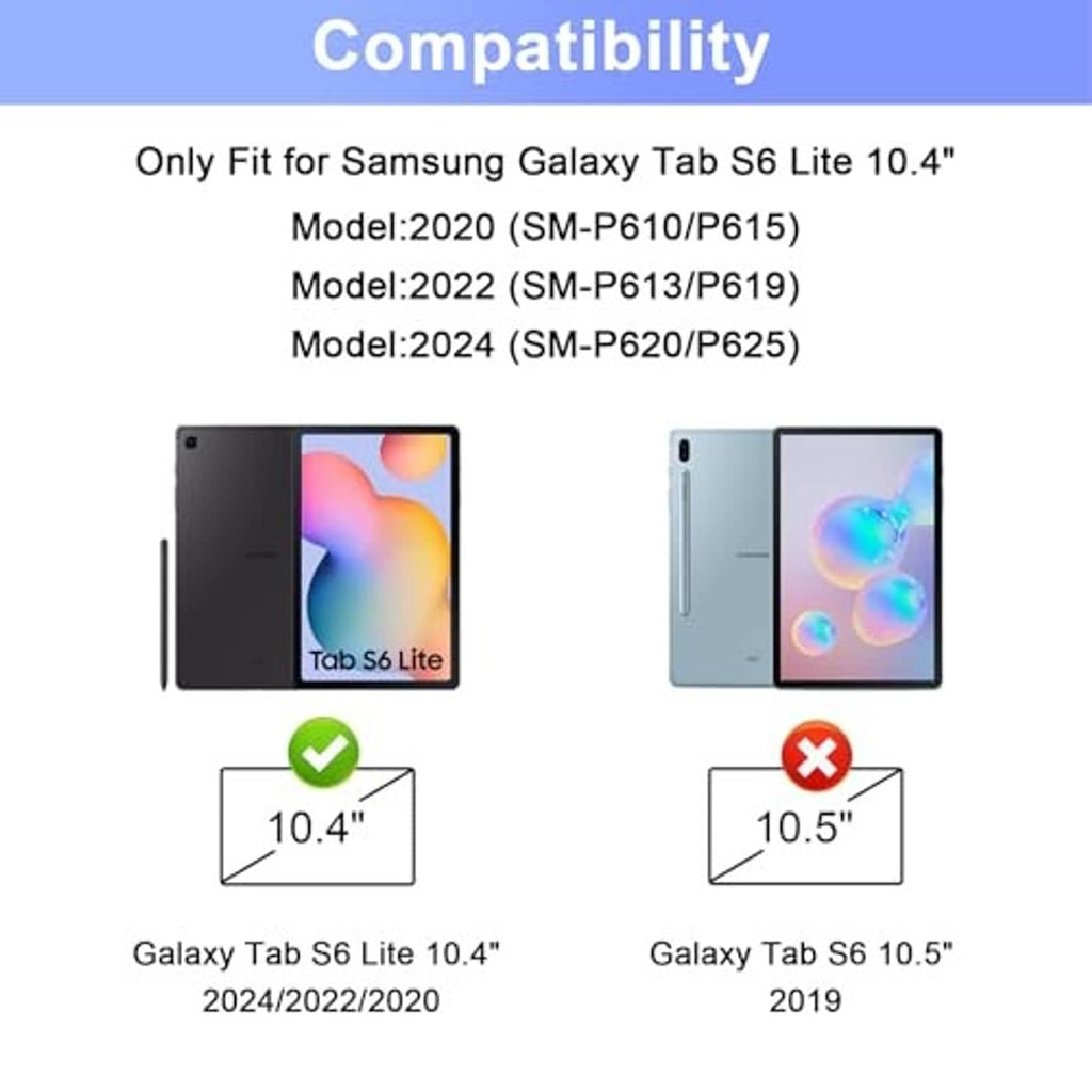 Tablet keyboard case fit diagram showing 10.4-inch Samsung Galaxy Tab S6 Lite